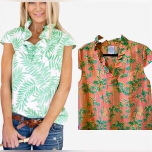 DEVON BAER Ruffle Collar Silk Top - Cap Sleeve Blouse Tropical Pink Green Bamboo
